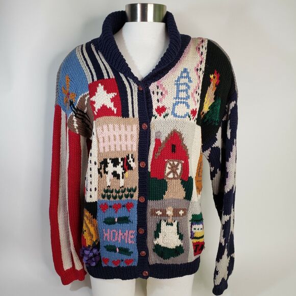Vintage 1989 The Eagle's Eye Cotton Sweater Cardigan America Farm Medium Flag - Picture 1 of 12